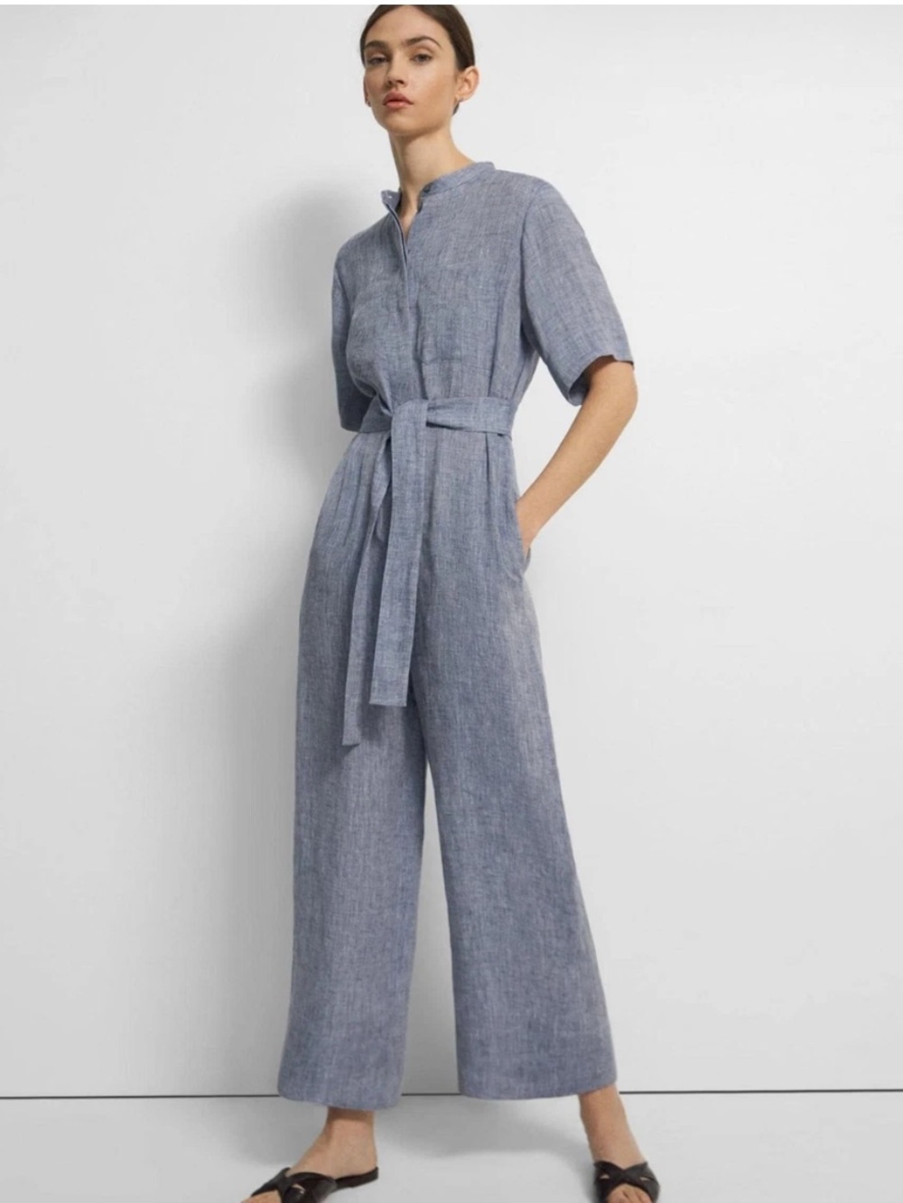 Theory Jumpsuit Hemp Gray XS Collared Short Sleeve Wide Leg Belted Pockets